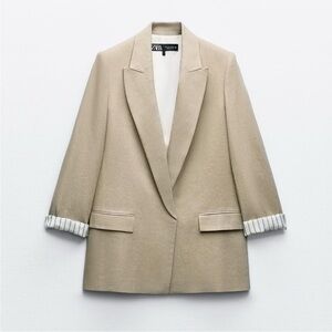 Zara Linen Blend Roll Up Sleeve Open Front Blazer in size M